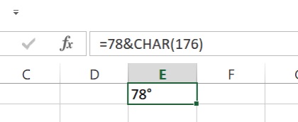 degree symbol excel 3